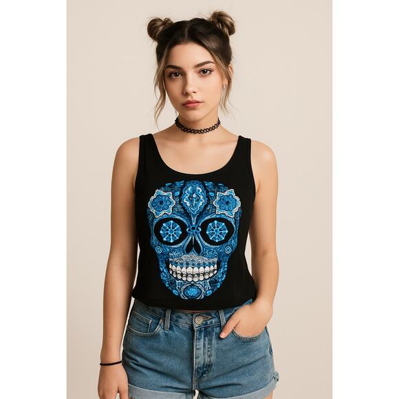 Y2K Sugar Skull Graphic Tank Top Black Blue Minnie Love Women’s Small - Picture 1 of 10